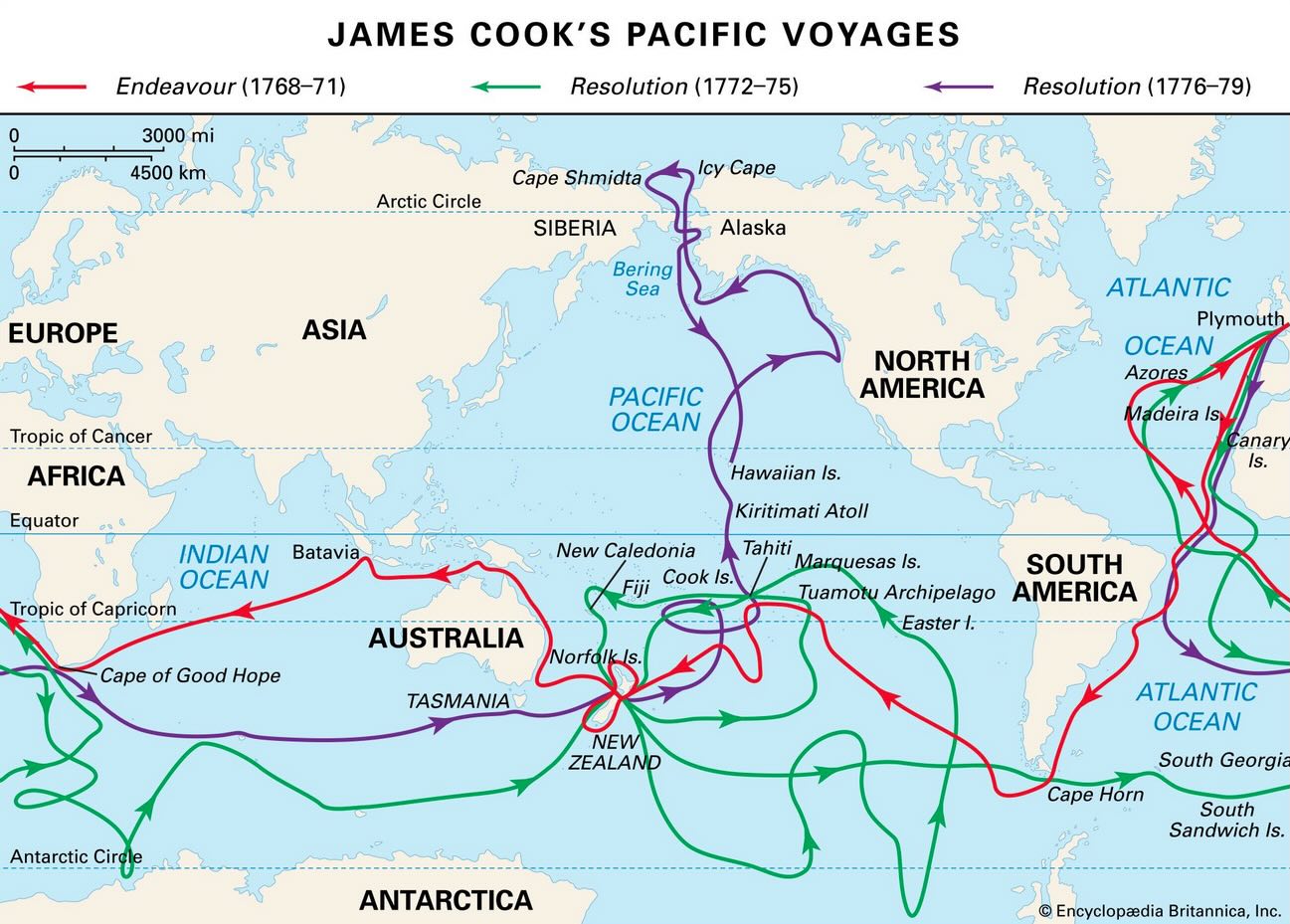 Map of Cook's Pacific voyages
