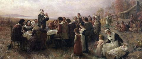 Pilgrim father praying at Thanksgiving, journal of wild culture ©2020